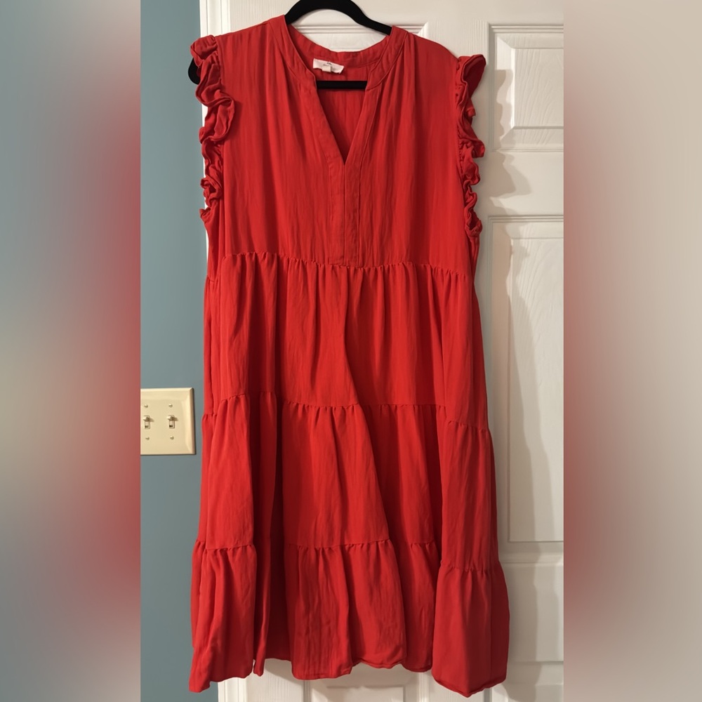 Entro Red Ruffle Sleeve Midi Dress
